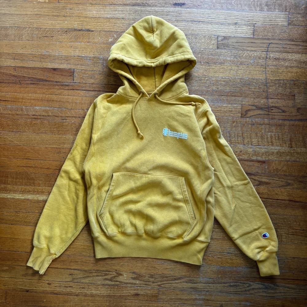 Champion Reverse Weave Hoodie Mustard Yellow Gold Mens Small Sweatshirt Logo